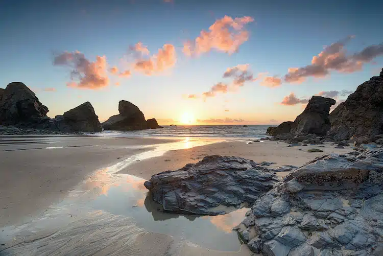 Sunset at Porthcothan Beach in Cornwall