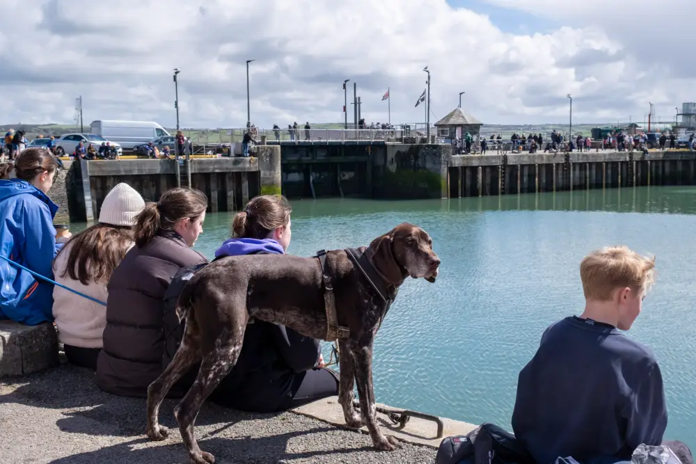 Family with dog on Padstow Harbour
