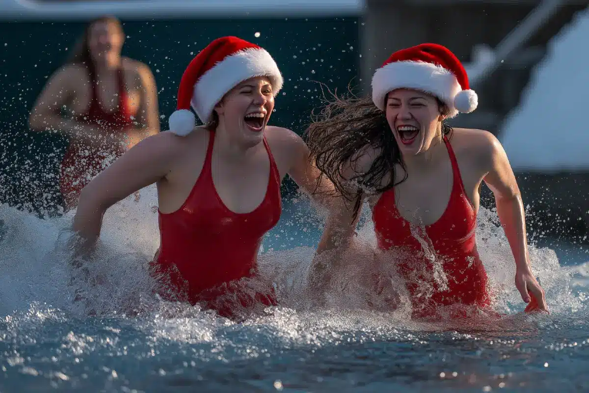 Two women in Santa hats Christmas sea dip