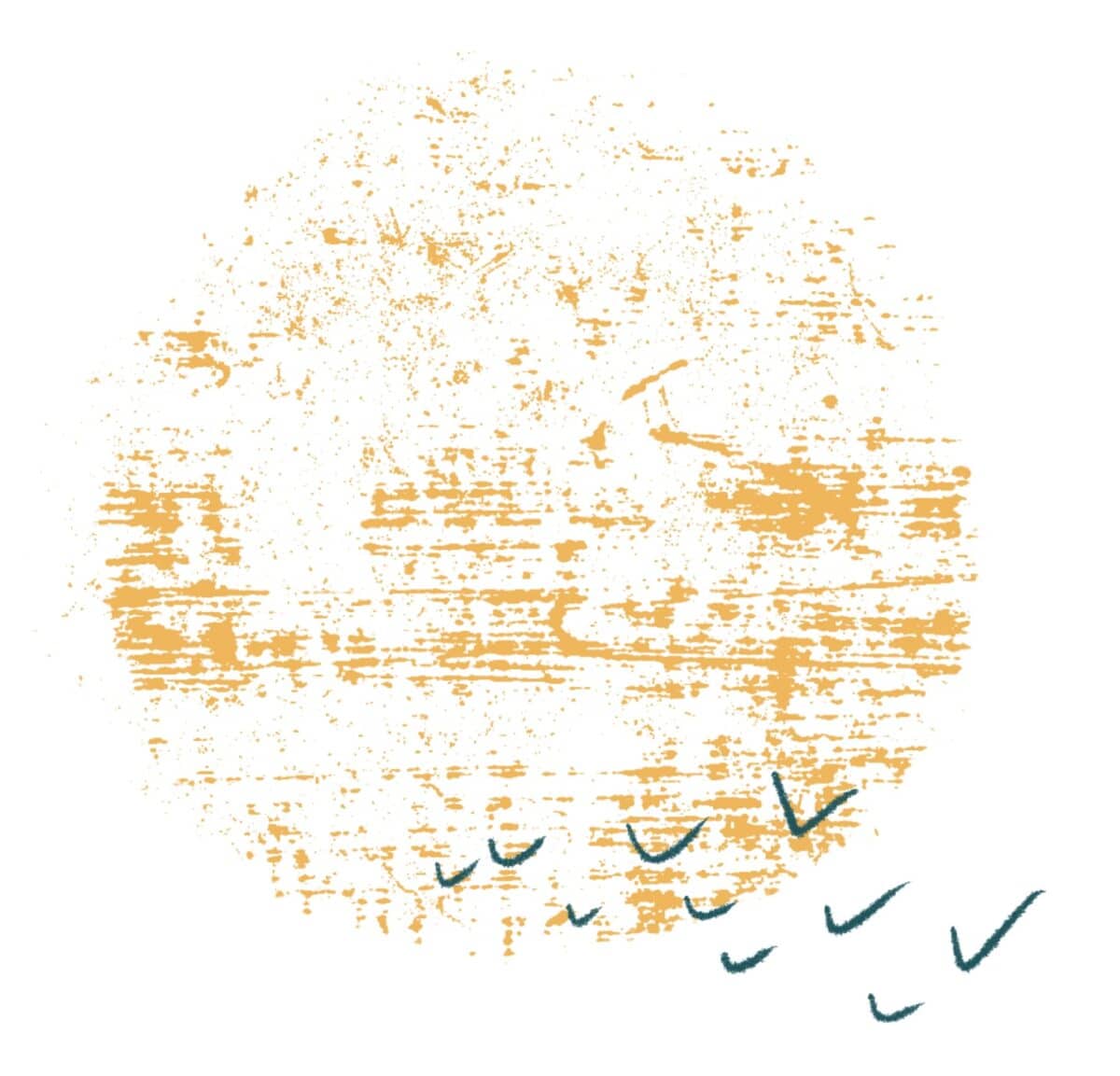 Illustration of a sun with birds flying in front of it