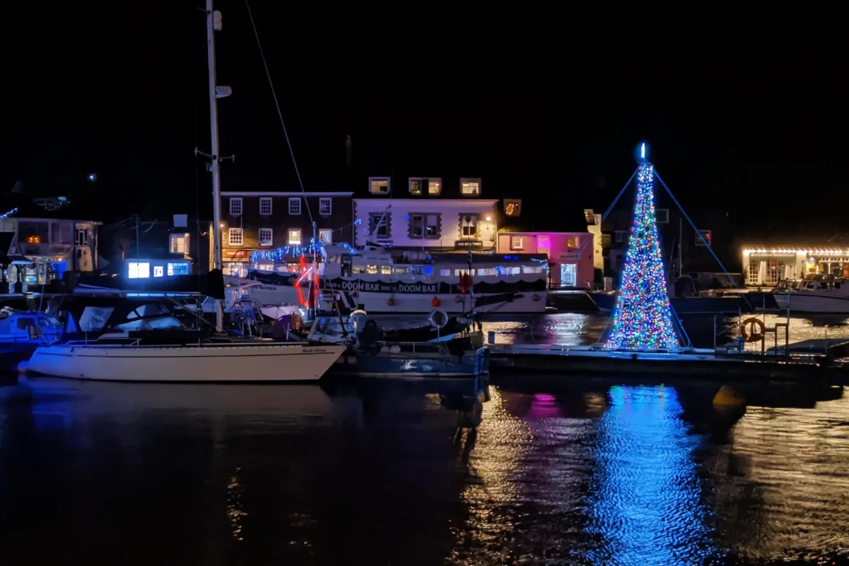 Christmas tree lights in Padstow harbour