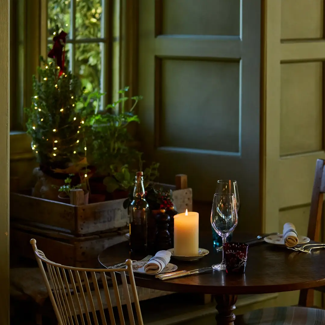 Christmassy dining room at The Pig, Harlyn