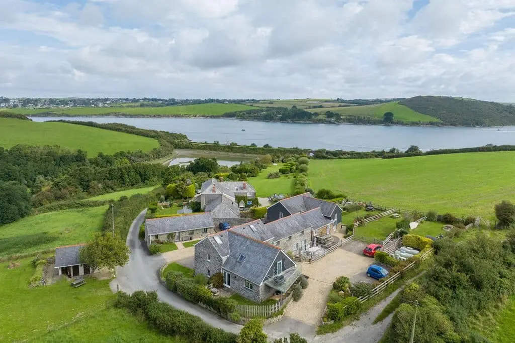 Aerial view of the Barn and Camel Valley behind